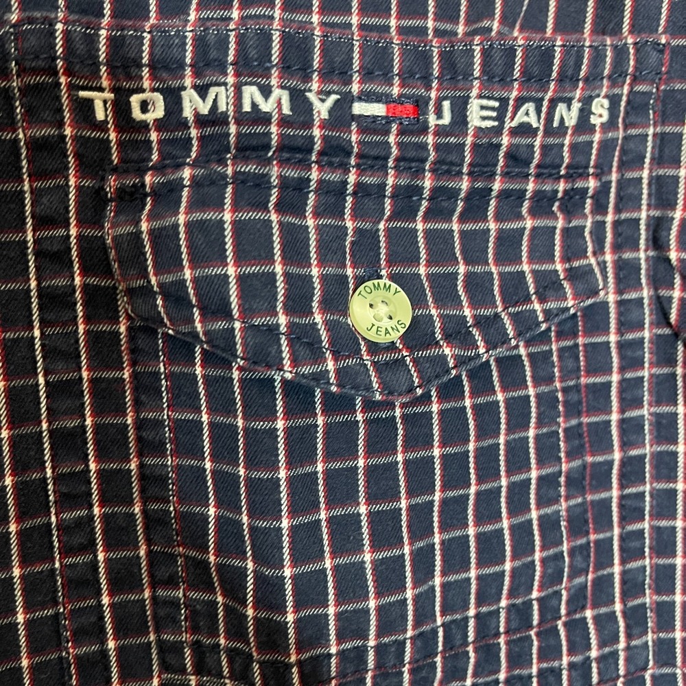 Vtg Tommy Jean Men Preppy Casual Plaid Embroidered Logo Spellout Button Shirt S - Picture 6 of 12